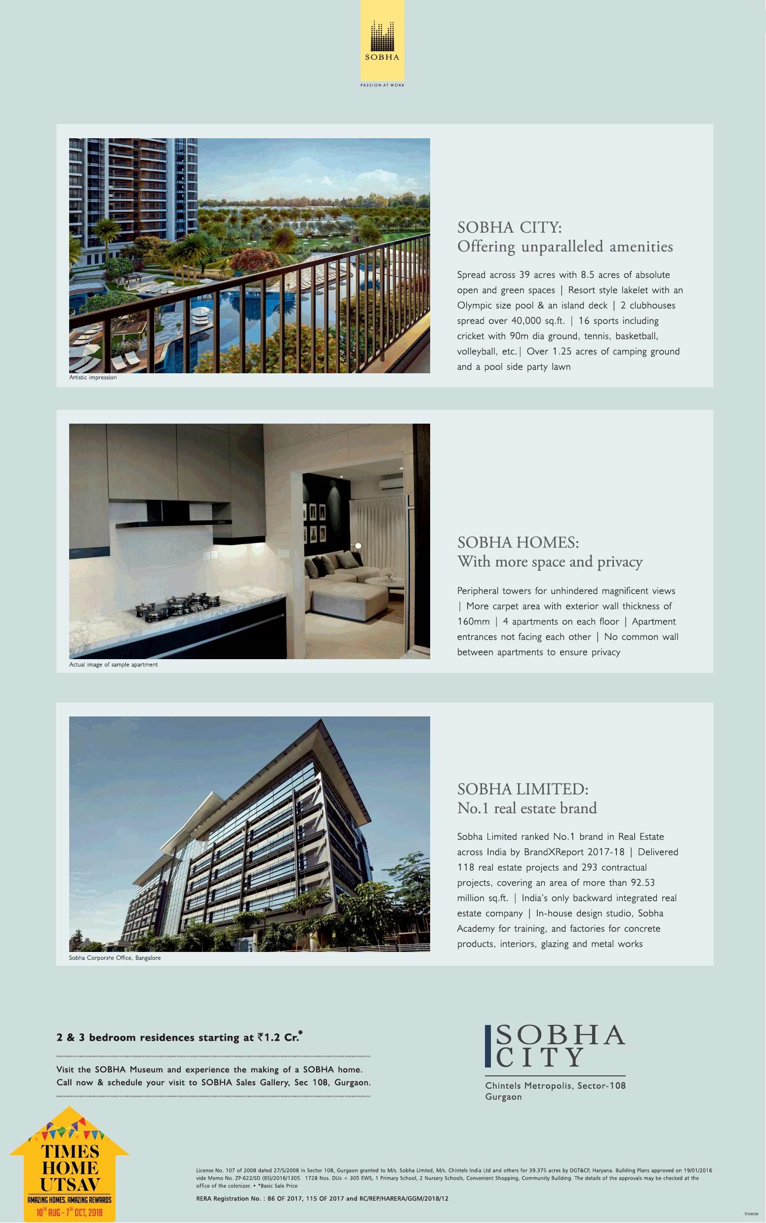 Book 2 & 3 bedroom residencies at Rs.1.2 Cr at Sobha City in Gurgaon Update